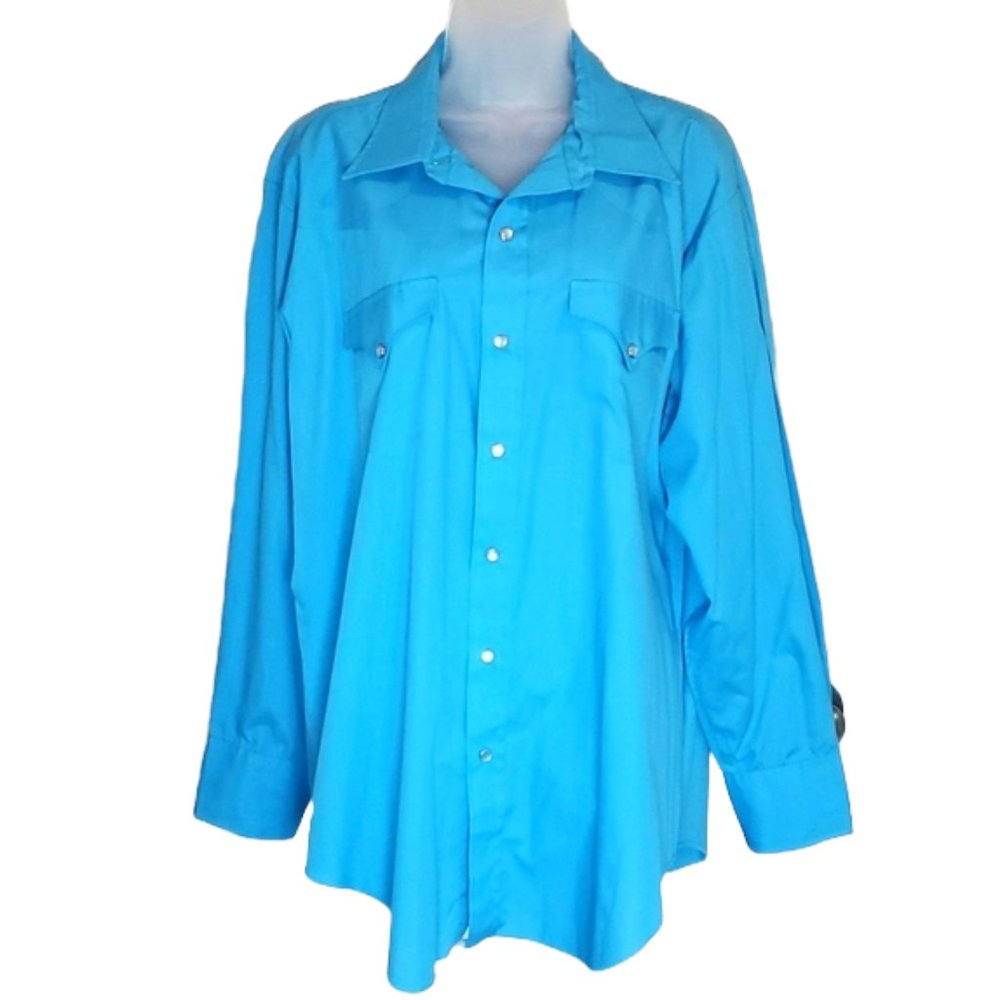 Vtg 70's H Bar C Aqua Blue Pearl Snap Long Sleeve Western Shirt SZ 17 1/2 35